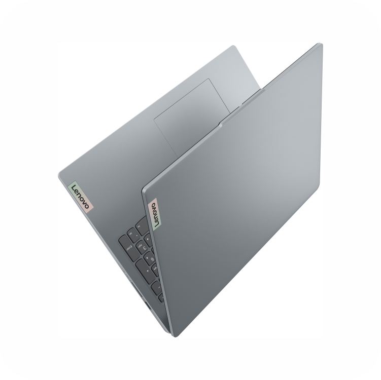 portatil Lenovo de color gris con vista superior parcialmente abierto