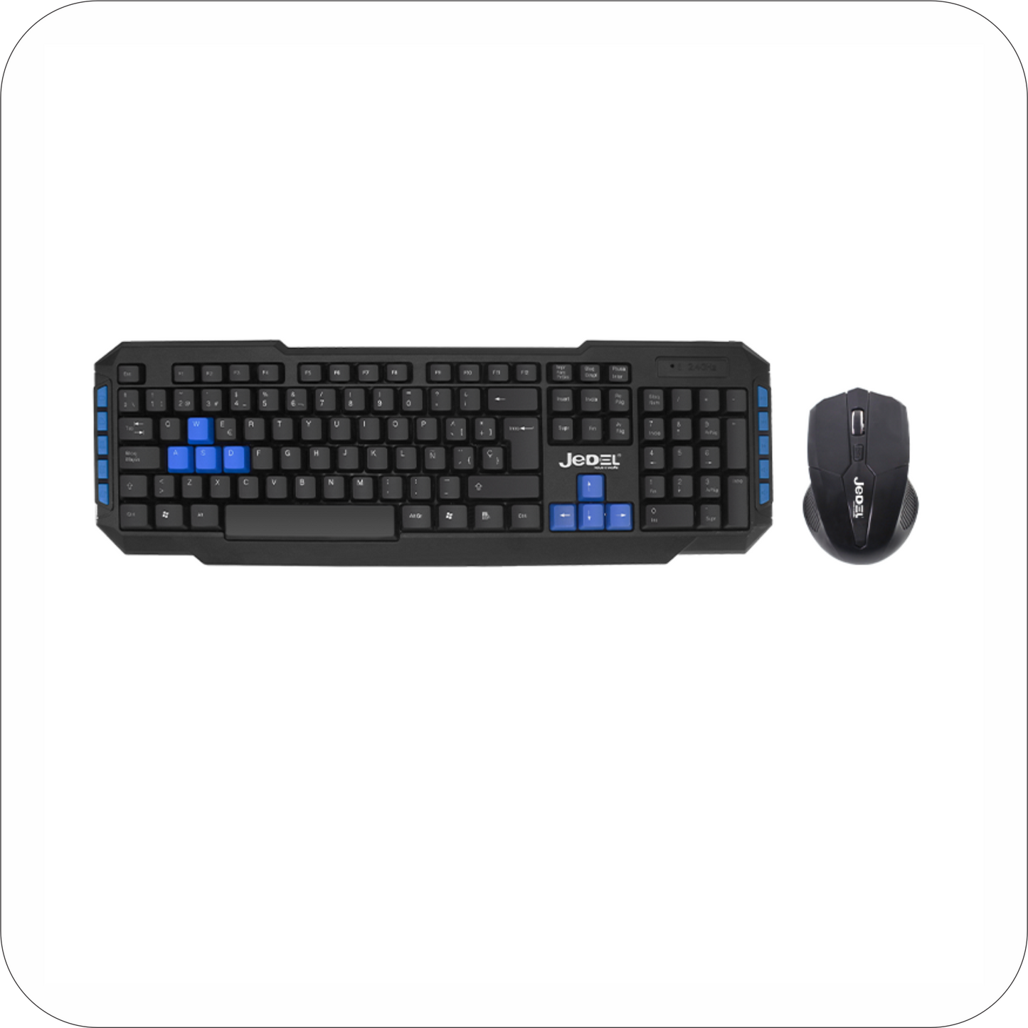 teclado y mouse jedel inalambrircos de color negro con detalles azules sobre superficie blanca