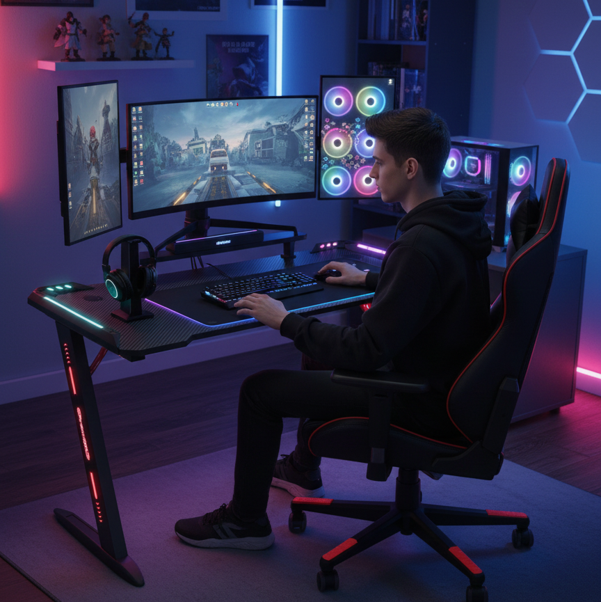 Escritorio gamer D2205 con iluminación RGB y superficie tipo fibra de carbono