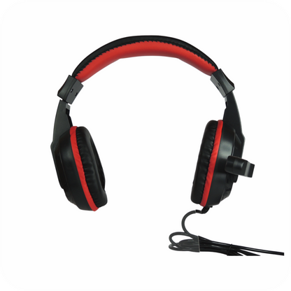 audifonos gamer negros con detalles rojos y micrófono