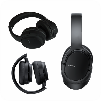 tres angulos diferentes de audifonos havit inalambricos negros