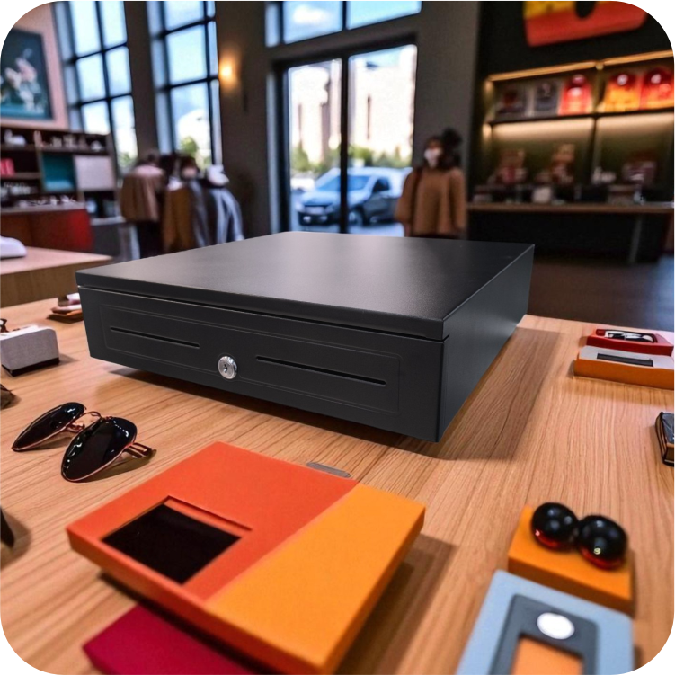 Cajón monedero para punto de venta con apertura electrónica manual y cerradura con llave