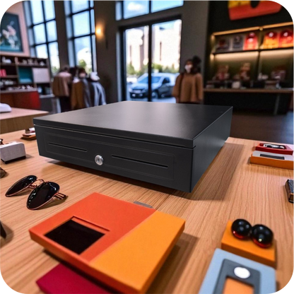 Cajón monedero para punto de venta con apertura electrónica manual y cerradura con llave