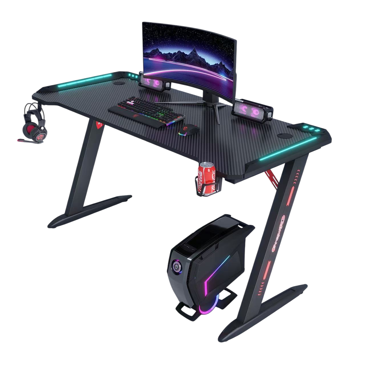 Escritorio gamer D2205 con iluminación RGB y superficie tipo fibra de carbono