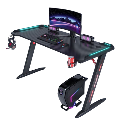 Escritorio gamer D2205 con iluminación RGB y superficie tipo fibra de carbono