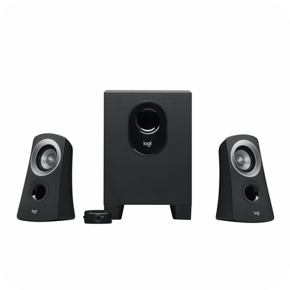 set de altavoces negros Logitech con subwoofer y controles
