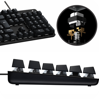 detalle de los switches mecánicos de alta precisión en teclado Logitech, con vista lateral de las teclas elevadas